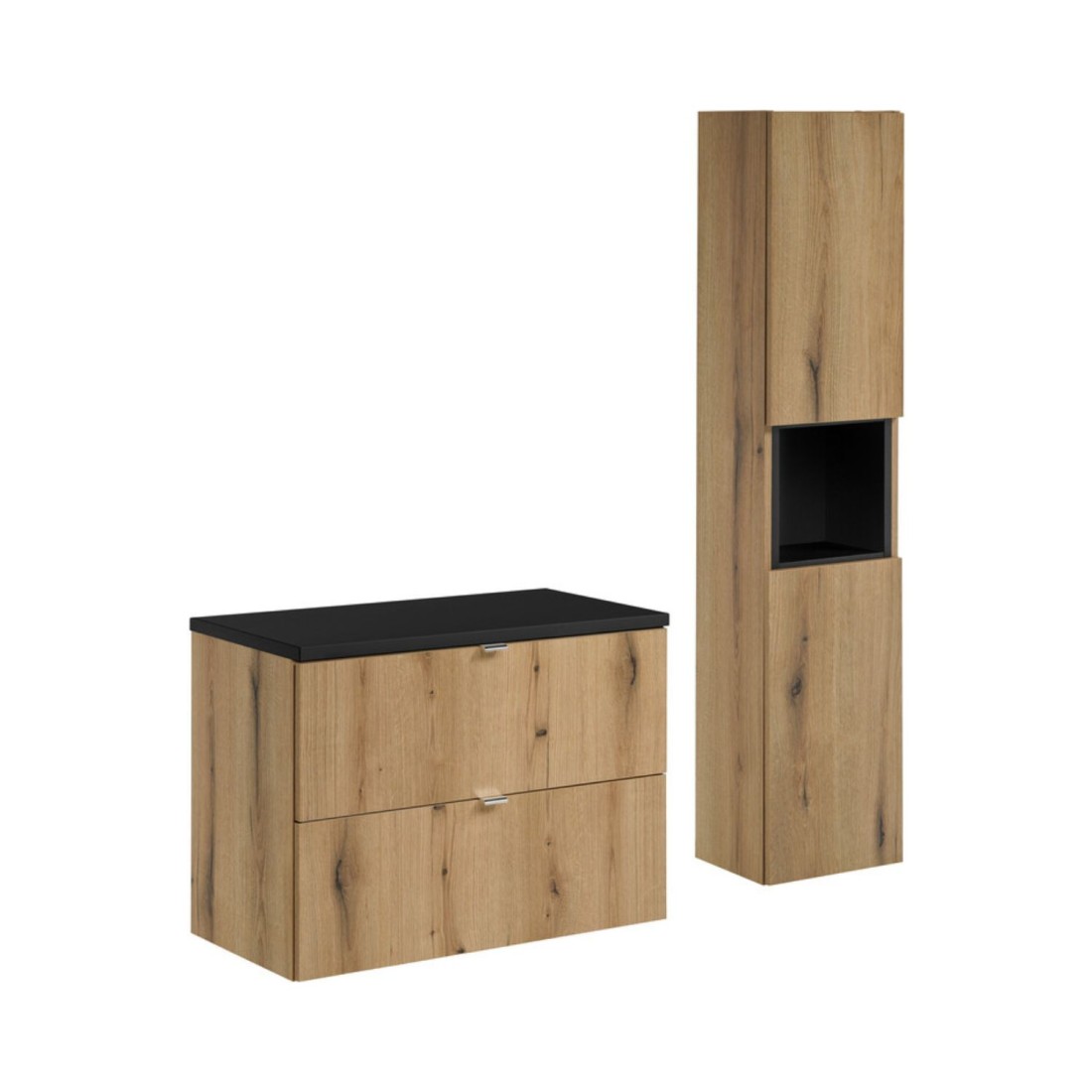 Ensemble VANO chêne et noir 110cm : meuble sous vasque à tiroirs, plan pour vasque noir et colonne