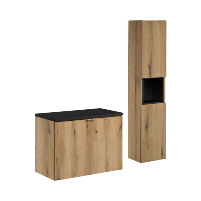 Set da bagno VANO effetto rovere e nero 110cm: mobili sotto lavabo con armadietti + piano per lavabo + colonna