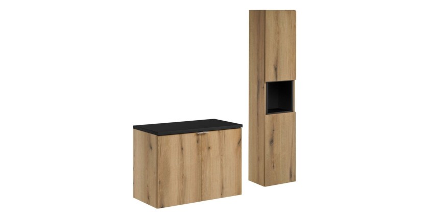 ensemble VANO chêne et noir 110cm : meuble sous vasque à placards, plan pour vasque noir et colonne