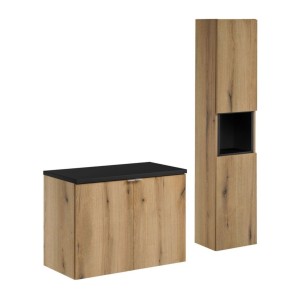 ensemble VANO chêne et noir 110cm : meuble sous vasque à placards, plan pour vasque noir et colonne