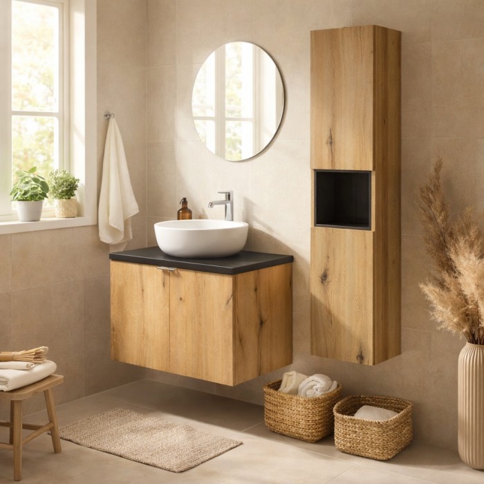 Set da bagno VANO effetto rovere e nero 110cm: mobili sotto lavabo con armadietti + piano per lavabo + colonna