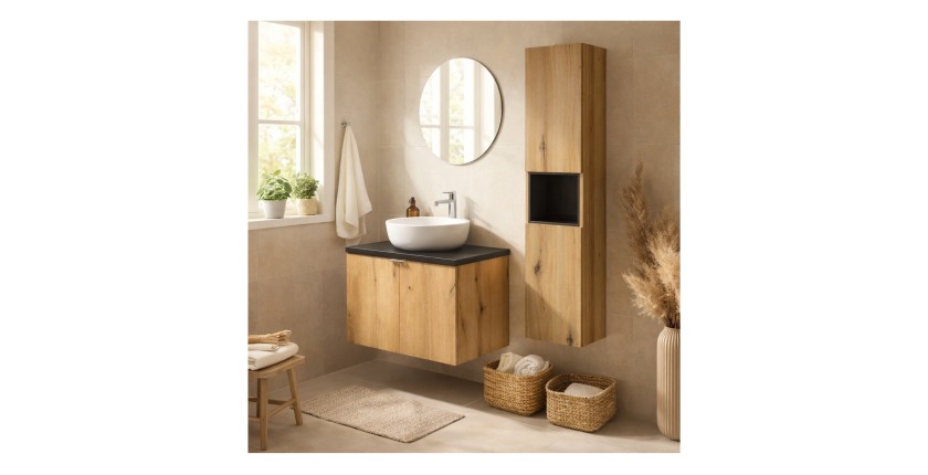 ensemble VANO chêne et noir 110cm : meuble sous vasque à placards, plan pour vasque noir et colonne mis en situation