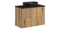 Ensemble VANO chêne et noir 80cm : meuble sous vasque à tiroirs, plan pour vasque noir et vasque à poser noire