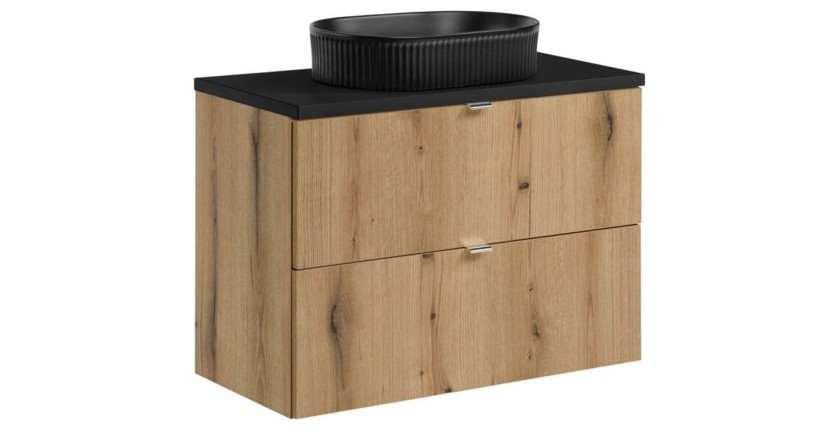 Ensemble VANO chêne et noir 80cm : meuble sous vasque à tiroirs, plan pour vasque noir et vasque à poser noire