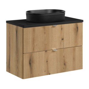Ensemble VANO chêne et noir 80cm : meuble sous vasque à tiroirs, plan pour vasque noir et vasque à poser noire