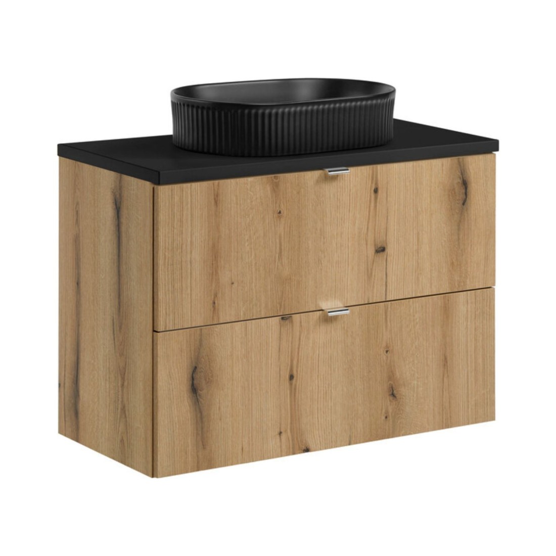 Ensemble VANO chêne et noir 80cm : meuble sous vasque à tiroirs, plan pour vasque noir et vasque à poser noire
