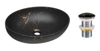 Vasque à poser ovale 52x39,5 cm noir et doré effet marbre avec bonde clic clac
