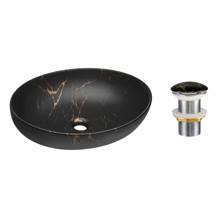 Lavabo da appoggio ovale 52x39,5 cm nero e dorato effetto marmo con piletta click clack