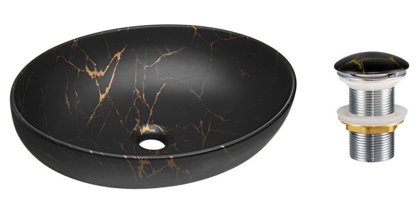 Vasque à poser ovale 52x39,5 cm noir et doré effet marbre avec bonde clic clac