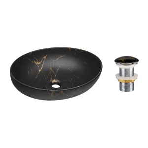 Vasque à poser ovale 52x39,5 cm noir et doré effet marbre avec bonde clic clac