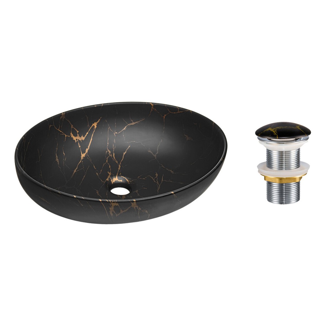 Vasque à poser ovale 52x39,5 cm noir et doré effet marbre avec bonde clic clac