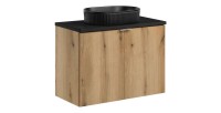 Ensemble VANO chêne et noir 80cm : meuble sous vasque à placards, plan pour vasque noir et vasque à poser noire