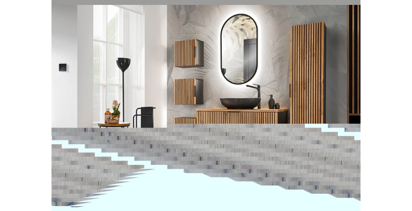 Ensemble VANO chêne et noir 80cm : meuble sous vasque à placards, plan pour vasque noir et vasque à poser noire