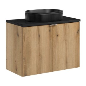 Ensemble VANO chêne et noir 80cm : meuble sous vasque à placards, plan pour vasque noir et vasque à poser noire