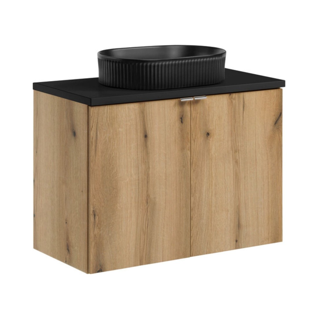 Ensemble VANO chêne et noir 80cm : meuble sous vasque à placards, plan pour vasque noir et vasque à poser noire