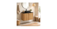 Ensemble VANO chêne et noir 80cm : meuble sous vasque à placards, plan pour vasque noir et vasque à poser noire mis en situation