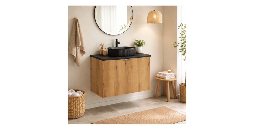 Ensemble VANO chêne et noir 80cm : meuble sous vasque à placards, plan pour vasque noir et vasque à poser noire mis en situation