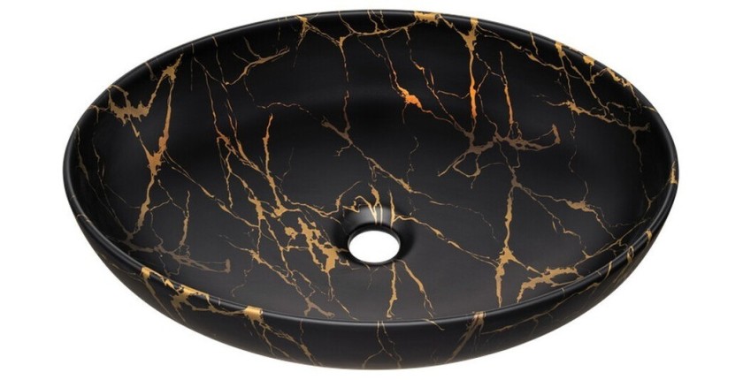 Vasque à poser ovale 52x39,5 cm noir et doré effet marbre avec bonde clic clac