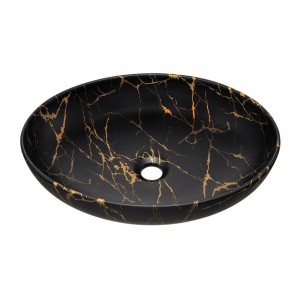 Vasque à poser ovale 52x39,5 cm noir et doré effet marbre avec bonde clic clac