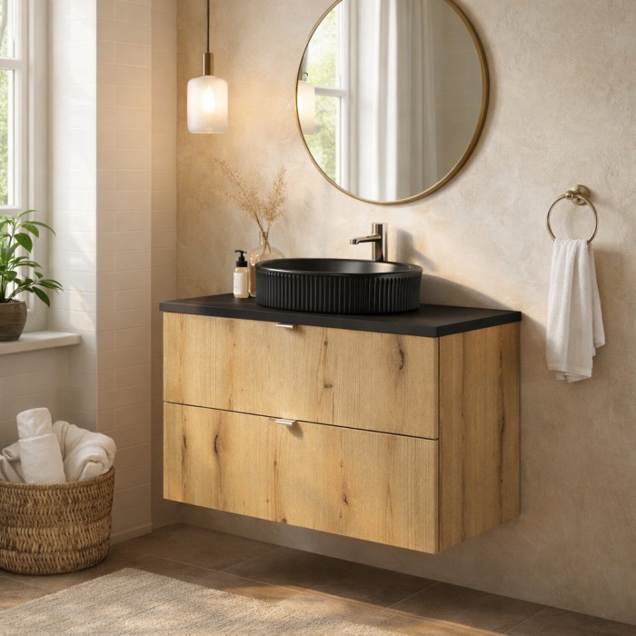 Conjunto de baño suspendido VANO en aspecto roble y negro 80cm: muebles bajo lavabo con cajones + encimera para lavabo