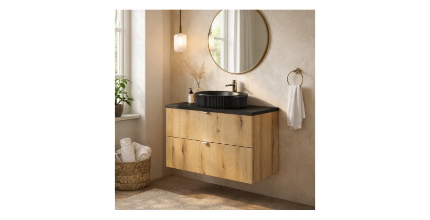Ensemble VANO chêne et noir 80cm : meuble sous vasque à tiroirs et plan pour vasque noir mis en situation