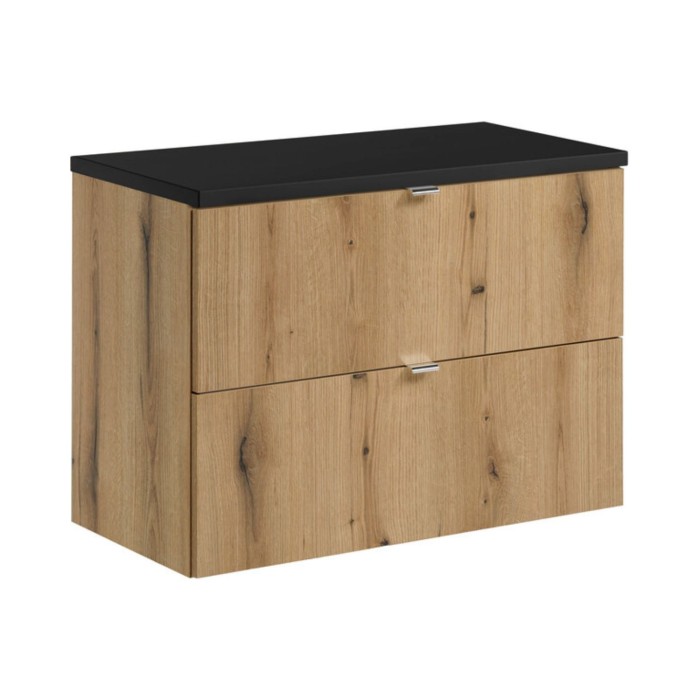 Conjunto de baño suspendido VANO en aspecto roble y negro 80cm: muebles bajo lavabo con cajones + encimera para lavabo