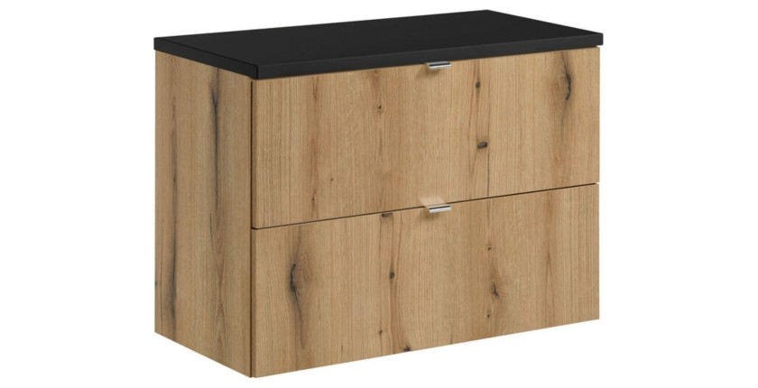 Ensemble VANO chêne et noir 80cm : meuble sous vasque à tiroirs et plan pour vasque noir