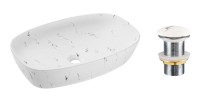 Vasque à poser ovale 60x30 cm blanc effet marbre avec bonde clic clac
