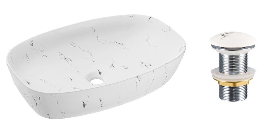 Vasque à poser ovale 60x30 cm blanc effet marbre avec bonde clic clac