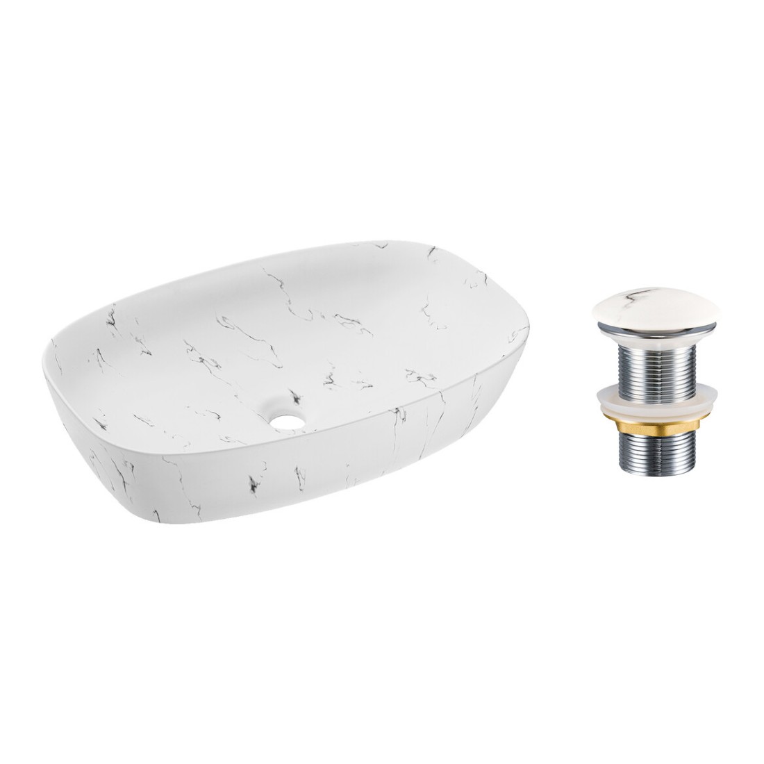 Vasque à poser ovale 60x30 cm blanc effet marbre avec bonde clic clac