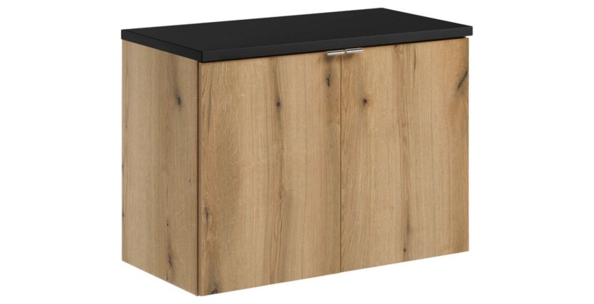Ensemble VANO chêne et noir 80cm : meuble sous vasque à placards et plan pour vasque noir