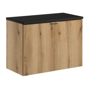 Ensemble VANO chêne et noir 80cm : meuble sous vasque à placards et plan pour vasque noir