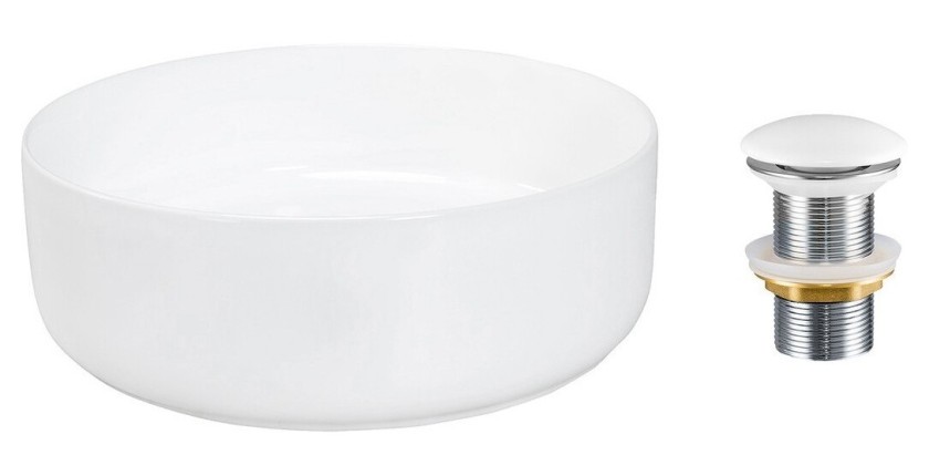 Vasque à poser ronde 36,5 cm blanc brillant avec bonde clic clac