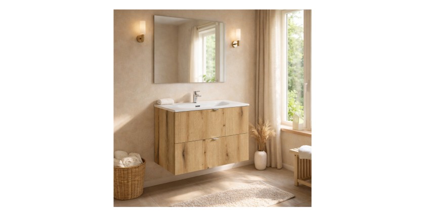 Ensemble VANO chêne 80cm : meuble sous vasque à tiroirs et vasque encastrée mis en situation