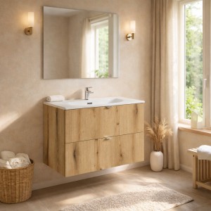 Ensemble VANO chêne 80cm : meuble sous vasque à tiroirs et vasque encastrée mis en situation