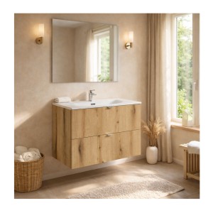 Ensemble VANO chêne 80cm : meuble sous vasque à tiroirs et vasque encastrée mis en situation