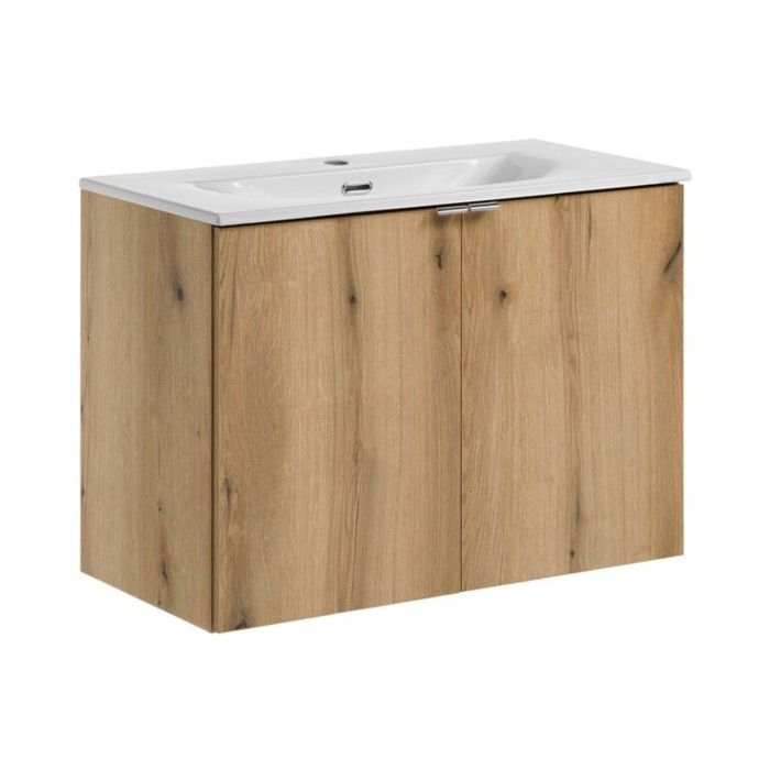 Conjunto de baño suspendido VANO en roble y blanco de 80cm: muebles bajo lavabo con armarios + lavabo encastrado
