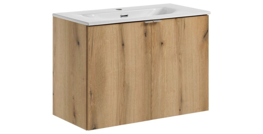 Conjunto de baño colgante VANO acabado en roble y blanco 80cm: mueble bajo lavabo con armarios + lavabo empotrado