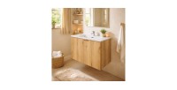 Conjunto de baño colgante VANO acabado en roble y blanco 80cm: mueble bajo lavabo con armarios + lavabo empotrado