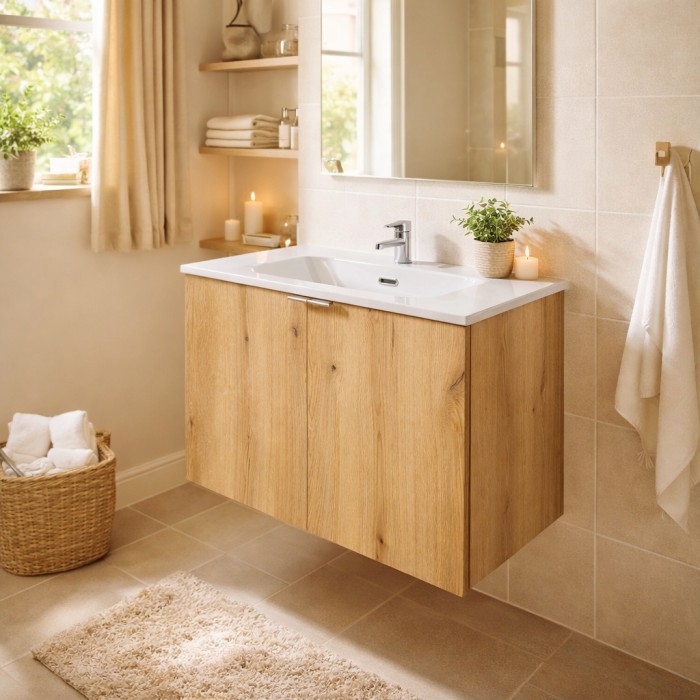 Conjunto de baño suspendido VANO en roble y blanco de 80cm: muebles bajo lavabo con armarios + lavabo encastrado