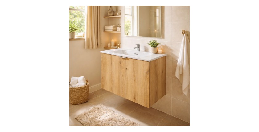 Conjunto de baño colgante VANO acabado en roble y blanco 80cm: mueble bajo lavabo con armarios + lavabo empotrado