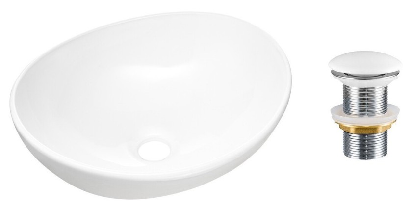 Ovale opbouwwastafel 40,5x33 cm glanzend wit met klik-klak afvoerplug