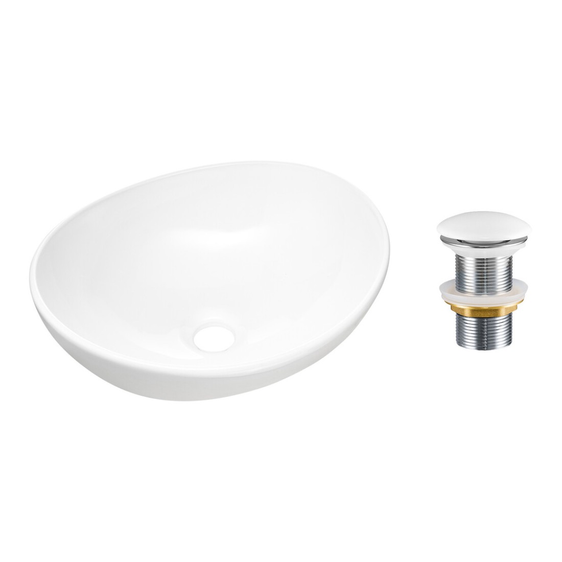 Ovale opbouwwastafel 40,5x33 cm glanzend wit met klik-klak afvoerplug