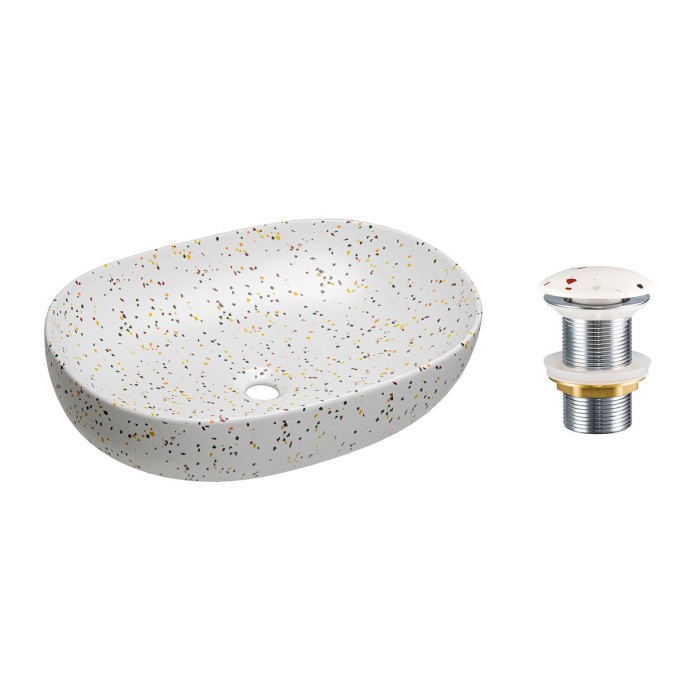 Vasque à poser ovale 60x41,5 cm blanc moucheté multicolore avec bonde clic clac