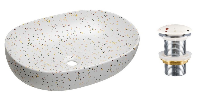 Vasque à poser ovale 60x41,5 cm blanc moucheté multicolore avec bonde clic clac