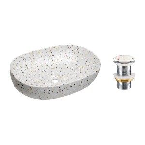 Lavabo ovalado de sobreponer 60x41,5 cm blanco moteado multicolor con desagüe clic clac