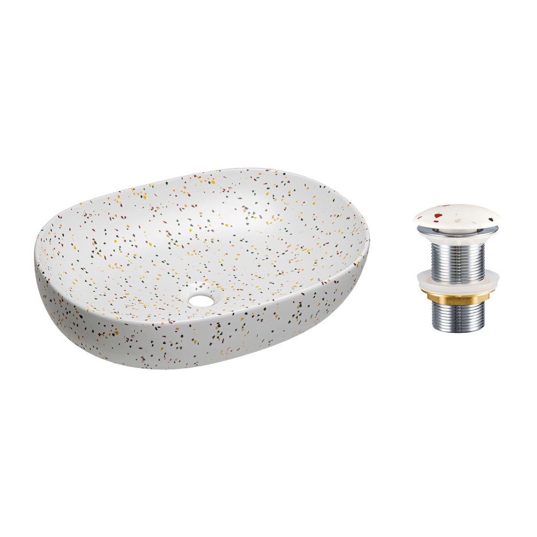 Lavabo ovalado de sobreponer 60x41,5 cm blanco moteado multicolor con desagüe clic clac