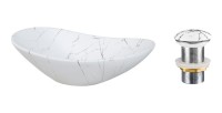 Vasque à poser ovale 61,5x36 cm blanc effet marbre avec bonde clic clac