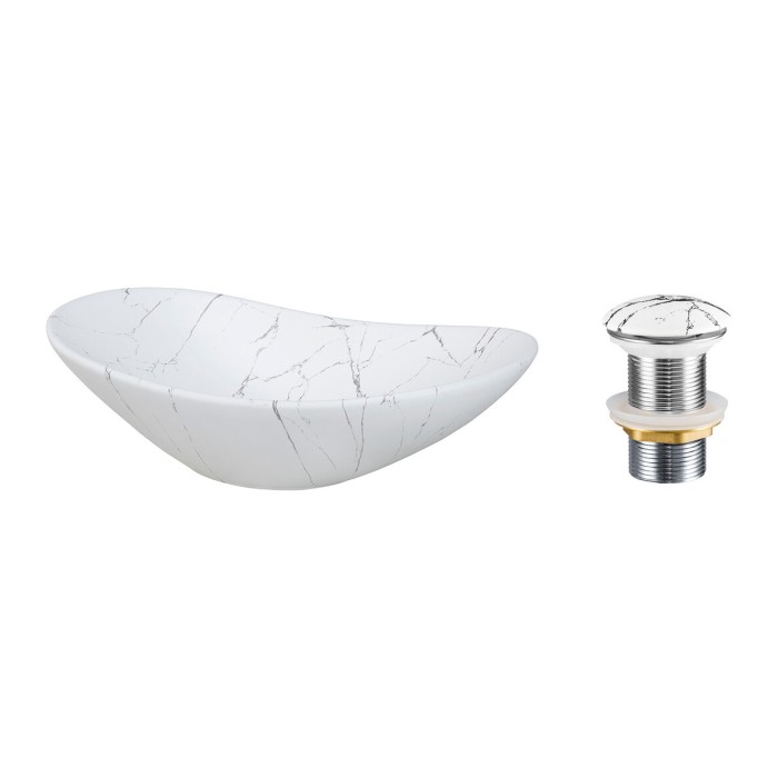 Vasque à poser ovale 61,5x36 cm blanc effet marbre avec bonde clic clac
