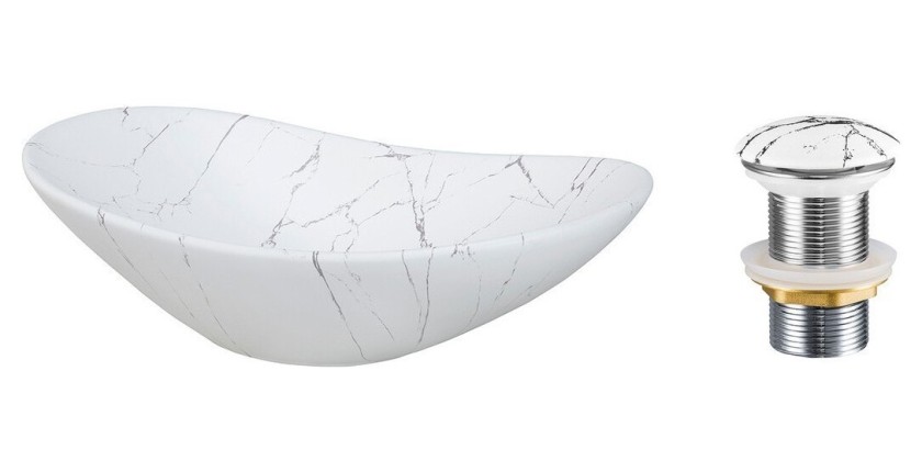 Ovale opbouw waskom 61,5x36 cm wit marmer effect met klik-klak afvoerplug